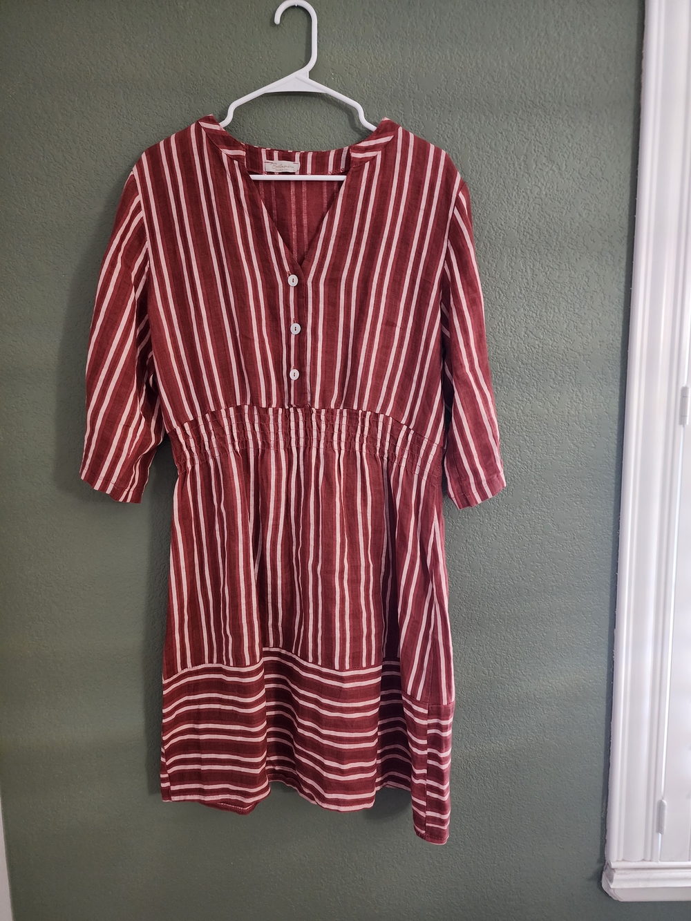 Bellambra Italy 100% Linen Striped Dress Size L Red White Midi Cottagecore